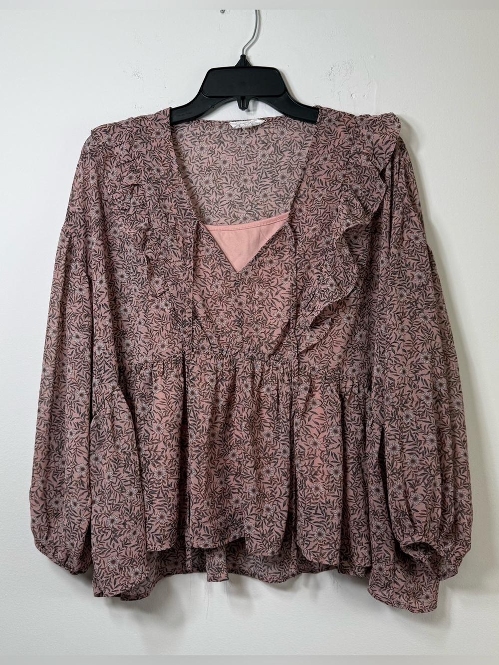 &merci Dusty Pink Ditsy Floral Ruffle V-Neck Boho Peplum Blouse Small